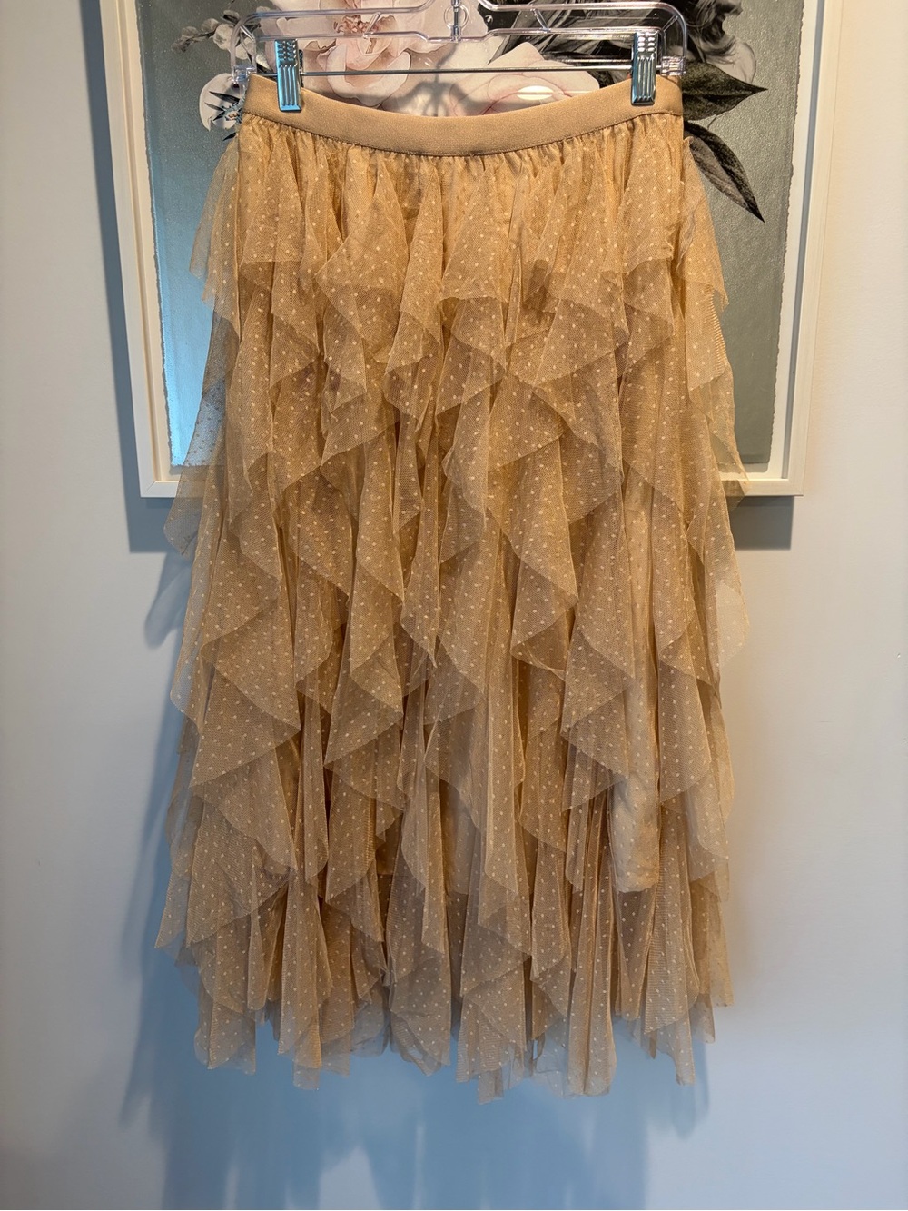NWT WD.NY Beige Tulle Polka Dot Tiered Ruffle Midi Skirt Size Small - Picture 3 of 5